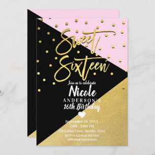 Invitation Black Gold & Pink Modern Script Sweet 16 Seize