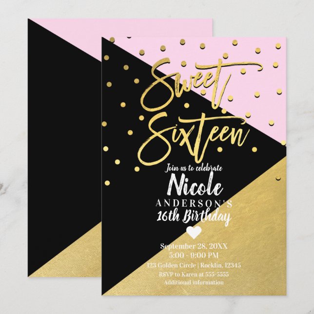 Invitation Black Gold & Pink Modern Script Sweet 16 Seteen (Devant / Derrière)