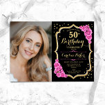 Invitation Black Gold Pink Photo 50e anniversaire<br><div class="desc">Elégante invitation à 50ème anniversaire fleurie avec votre photo. Design rose noir glam avec parties scintillant d'or faux. Comprend des roses roses roses, des caractères de script et des confettis. Parfait pour une fête anniversaire adulte élégante. Personnalisez avec vos propres détails. Peut être customisé pour n'importe quel âge ! Invitations...</div>