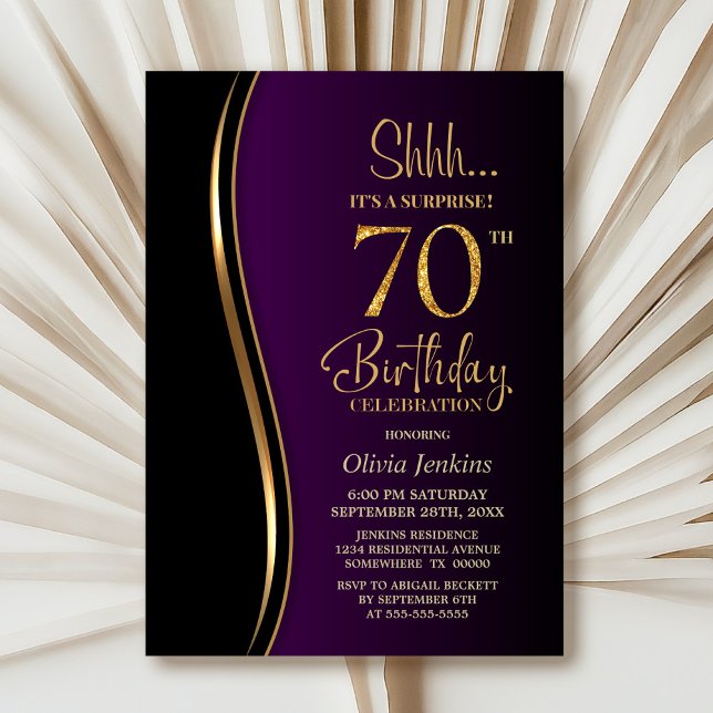 Invitation Black Gold Purple Surprise 70e anniversaire (Créateur téléchargé)