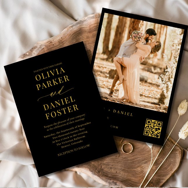 Invitation Black Gold QR Code photo Mariage élégant (Créateur téléchargé)