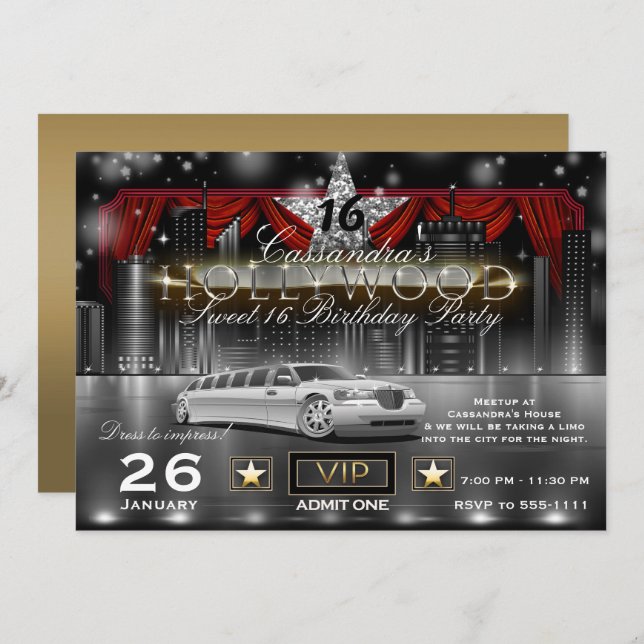 Invitation Black Gold Red City Lights Limo Hollywood Party (Devant / Derrière)