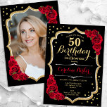 Invitation Black Gold Red Roses Photo 50e anniversaire<br><div class="desc">Elégante invitation à 50ème anniversaire fleurie avec votre photo au dos de la carte. Design noir et rouge glam avec faux or parties scintillant. Comprend des roses rouges, des caractères de script et des confettis. Parfait pour une fête anniversaire adulte élégante. Personnalisez avec vos propres détails. Peut être customisé pour...</div>