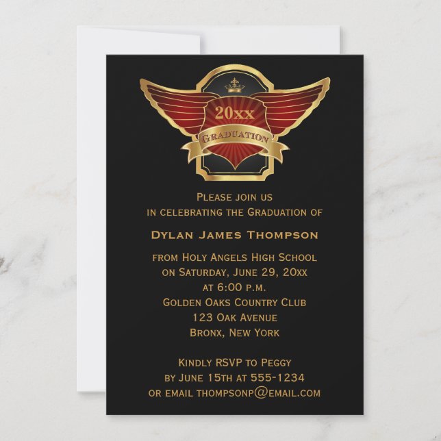 Invitation Black Gold Red Winged Crest Photo Graduation (Devant)