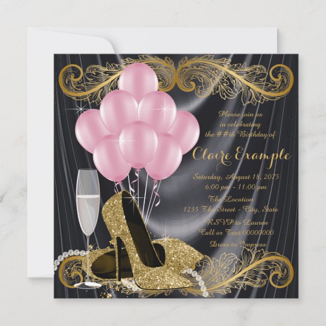 Invitation Black Gold rose fête d'anniversaire Hollywood Glam (Devant)