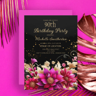 Invitation Black Gold Rose Floral 90e fête d'anniversaire