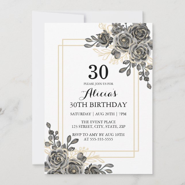 Invitation Black & Gold Rose Flower Woman Adult Anniversaire (Devant)