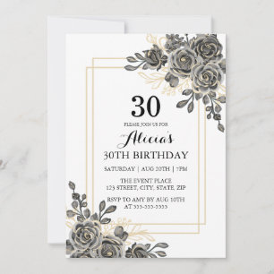 Invitation Black & Gold Rose Flower Woman Adult Anniversaire