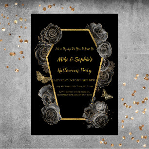Invitation Black & Gold Roses café Adulte Halloween Party