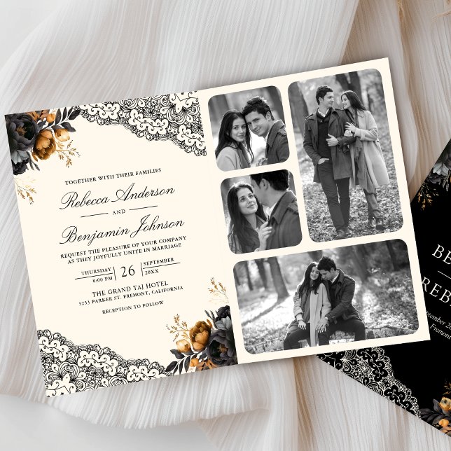 Invitation Black Gold Roses Lace Cream Gothic QR Code Wedding (Créateur téléchargé)
