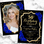 Invitation Black Gold Royal Blue Photo 50e anniversaire<br><div class="desc">Elégante invitation à 50ème anniversaire fleurie avec votre photo au dos de la carte. Design noir glam et bleu royal avec faux or parties scintillant. Caractéristiques saphir bleu rose, police de script et confetti. Parfait pour une fête anniversaire adulte élégante. Personnalisez avec vos propres détails. Peut être customisé pour n'importe...</div>