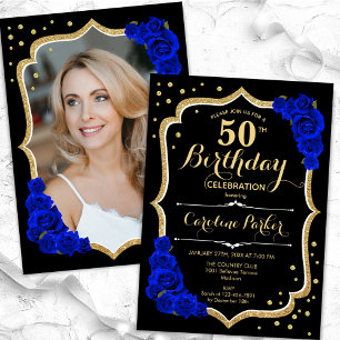 Invitation Black Gold Royal Blue Photo 50e anniversaire