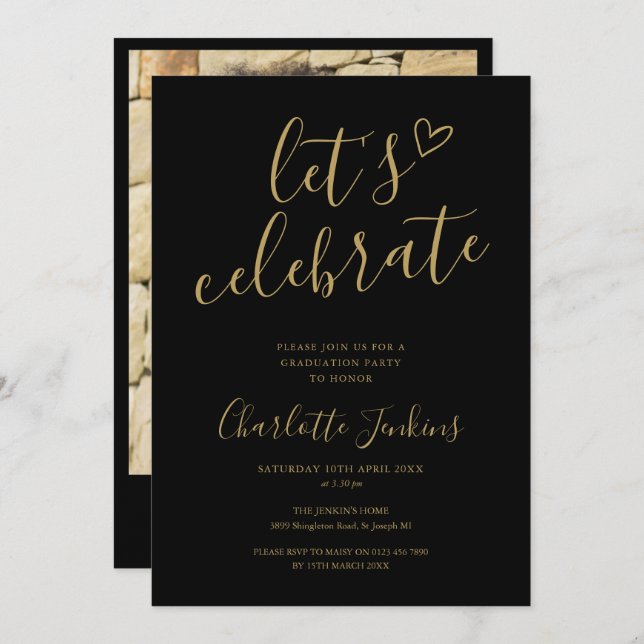 Invitation Black Gold Script Celebrate Photo Graduation Party (Devant / Derrière)