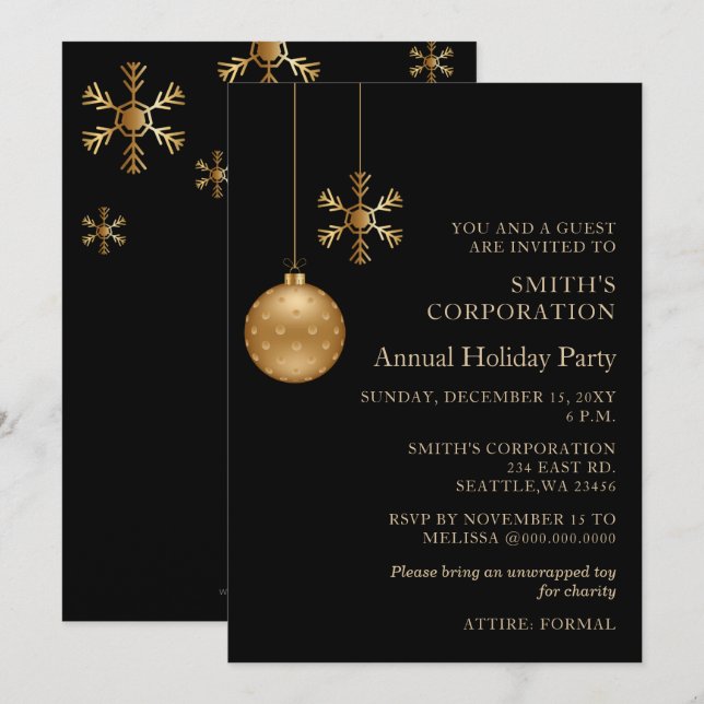 Invitation Black Gold Snowflakes Corporate Holiday Party (Devant / Derrière)