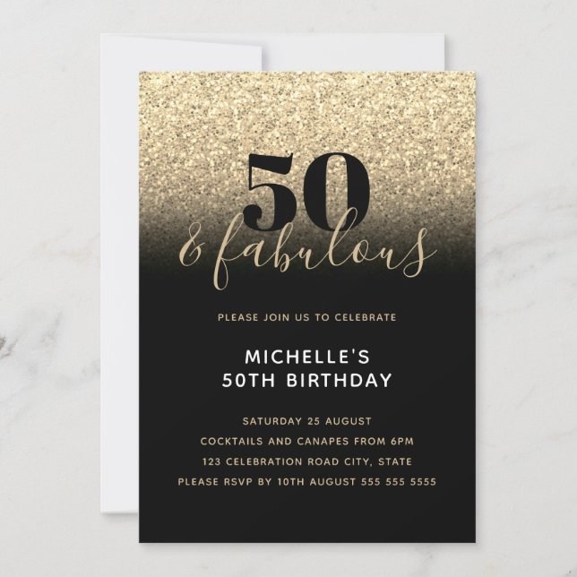 Invitation Black Gold Sparkle Faux Parties scintillant 50e an (Devant)