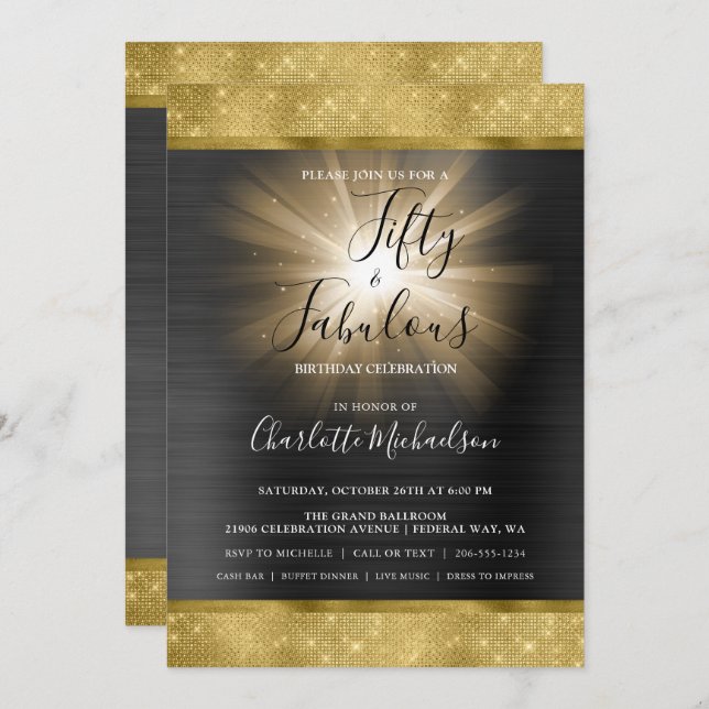 Invitation Black Gold Sparkle Glam Cinquante et fabuleux Anni (Devant / Derrière)
