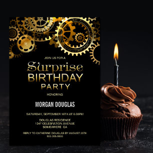 Invitation Black Gold Steampunk Watch Gears Surprise Annivers