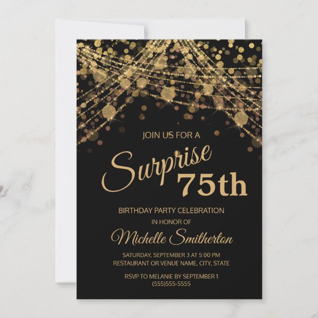 Invitation Black Gold String Lights Surprise 75e anniversaire (Devant)