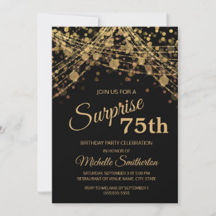 Invitation Black Gold String Lights Surprise 75e anniversaire