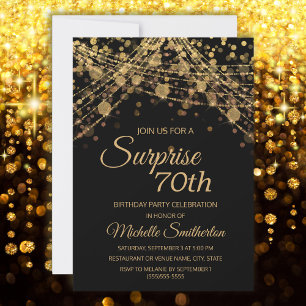 Invitation Black Gold String Lumières Surprise 70e anniversai