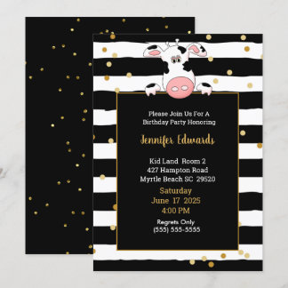 Invitation Black Gold Stripe Cow Theme Anniversaire de enfant