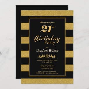 Invitation Black Gold Striped 21e fête d'anniversaire