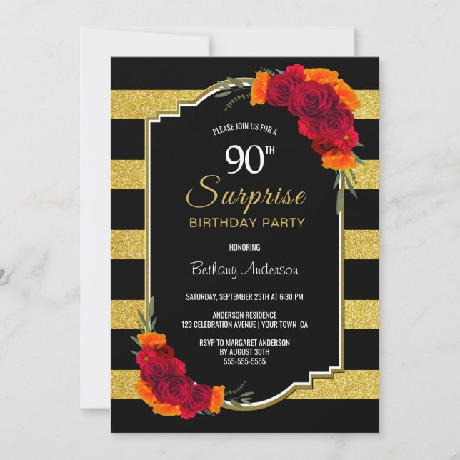 Invitation Black Gold Striped Floral Surprise 90e anniversair (Devant)