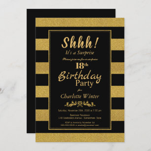 Invitation Black & Gold Striped Surprise 18e fête d'anniversa