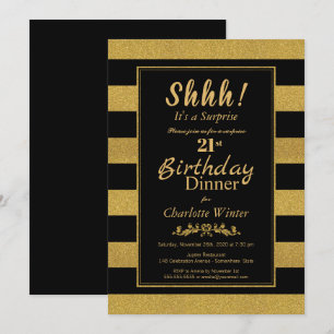 Invitation Black & Gold Striped Surprise 21ème anniversaire D