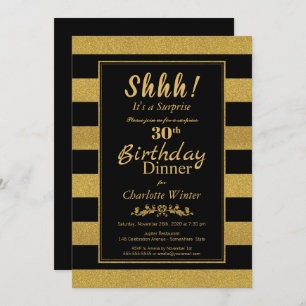 Invitation Black & Gold Striped Surprise 30e anniversaire Dîn