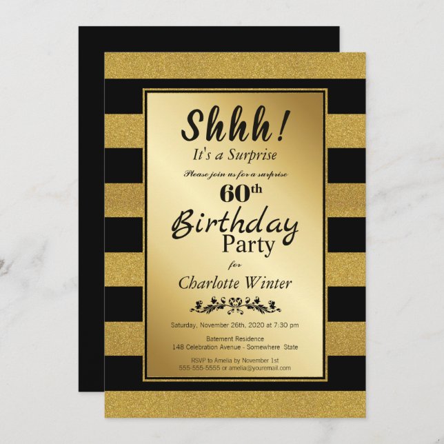 Invitation Black Gold Striped Surprise 60e anniversaire (Devant / Derrière)