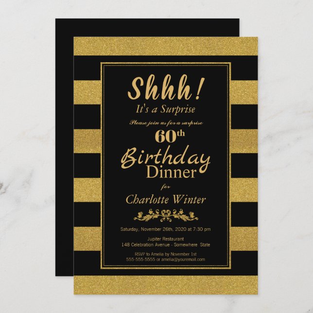 Invitation Black & Gold Striped Surprise 60e anniversaire Dîn (Devant / Derrière)