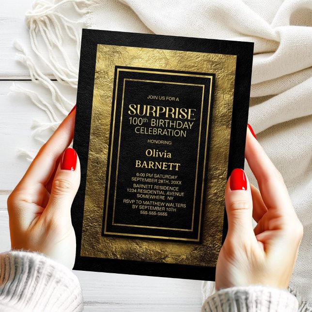 Invitation Black Gold Surprise 100th Birthday Party (Créateur téléchargé)