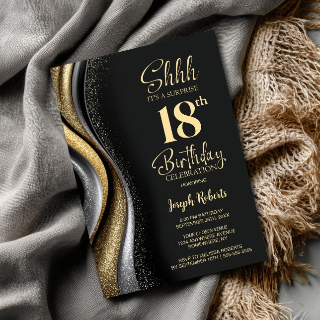 Invitation Black Gold Surprise 18th Birthday Party (Créateur téléchargé)