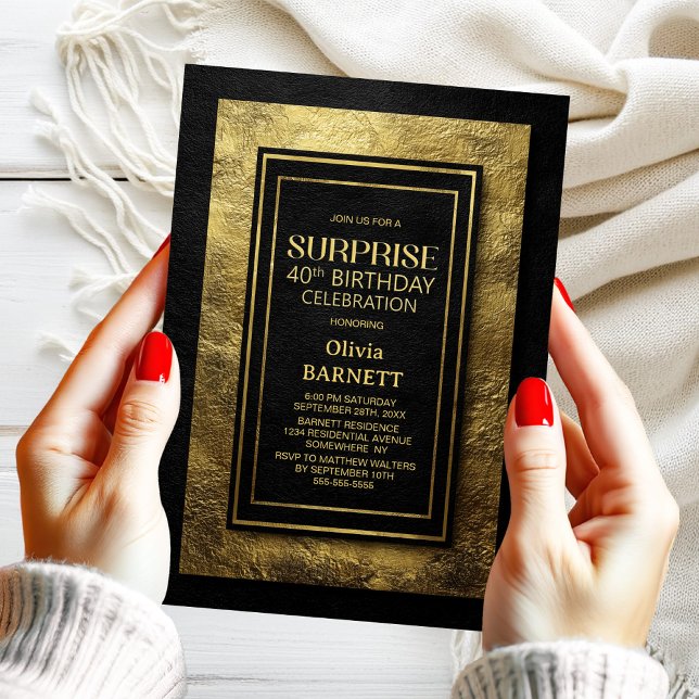 Invitation Black Gold Surprise 40th Birthday Party (Créateur téléchargé)