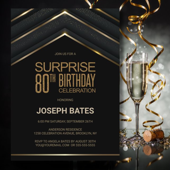 Invitation Black Gold Surprise 80e anniversaire (Créateur téléchargé)