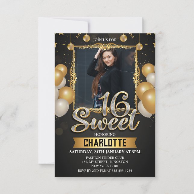 Invitation Black & Gold Sweet 16 Parties scintillant photo Ba (Devant)