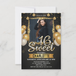 Invitation Black & Gold Sweet 16 Parties scintillant photo Ba