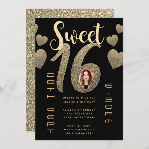 Invitation Black Gold Sweet 16 Parties scintillant photo mode