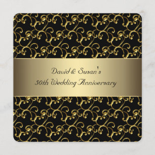 Invitation Black Gold Swirl 50ème Mariage fête d'anniversaire