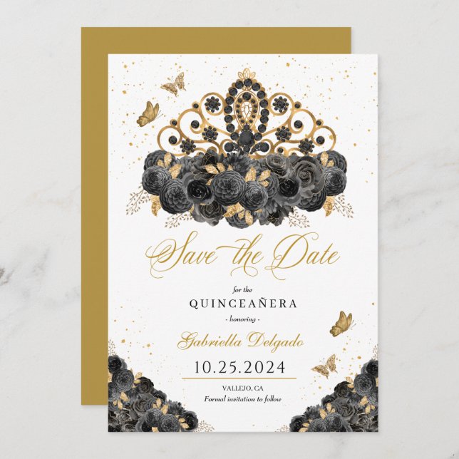 Invitation Black & Gold Tiara Enregistrer La Date Quinceañera (Devant / Derrière)