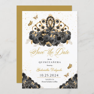Invitation Black & Gold Tiara Enregistrer La Date Quinceañera