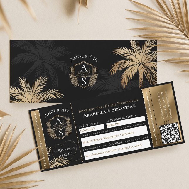 Invitation Black Gold Tropical Boarding Plane Ticket Wedding (Black Gold Tropical Boarding Plane Ticket Wedding Invitation)
