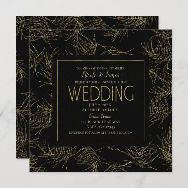 Invitation Black & Gold Tropical Glam Feuille Mariage (Devant / Derrière)