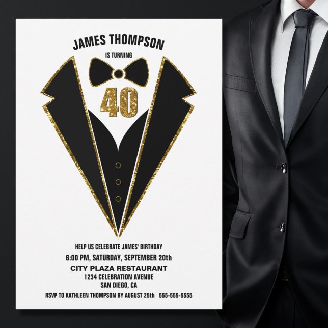 Invitation Black Gold Tuxedo 40e fête d'anniversaire (Créateur téléchargé)