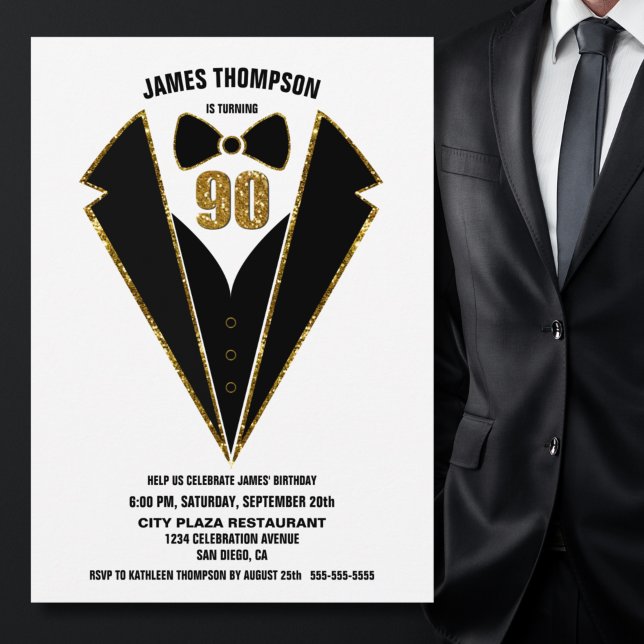 Invitation Black Gold Tuxedo 90e fête d'anniversaire (Créateur téléchargé)