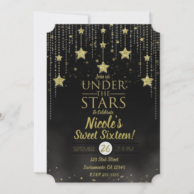Invitation Black & Gold Under The Stars Starry Sweet 16 (Devant)
