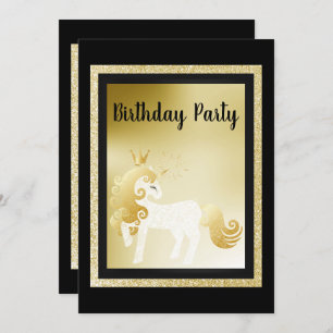 Invitation Black Gold Unicorn fête d'anniversaire
