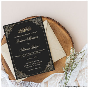 Invitation Black Gold Vintage cadre baroque Mariage musulman
