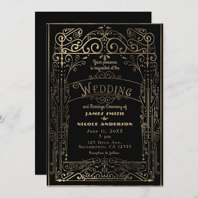 Invitation Black & Gold Vintage Victorian Déco Mariage (Devant / Derrière)